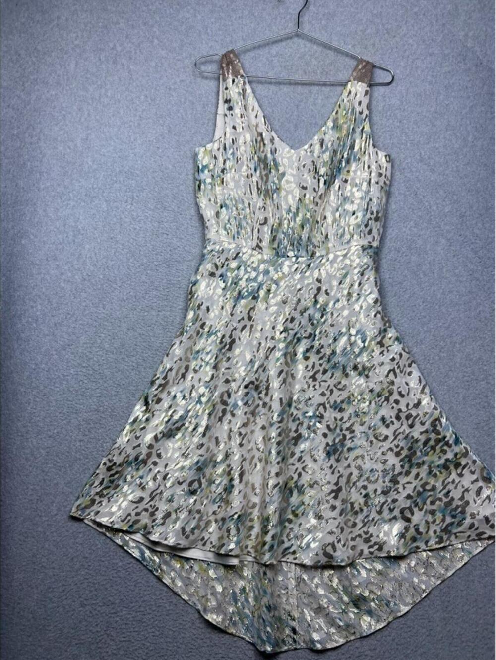 Tahari ASL Metallic Gold Leopard Silk High Low Dress 10 Formal Cocktail Party